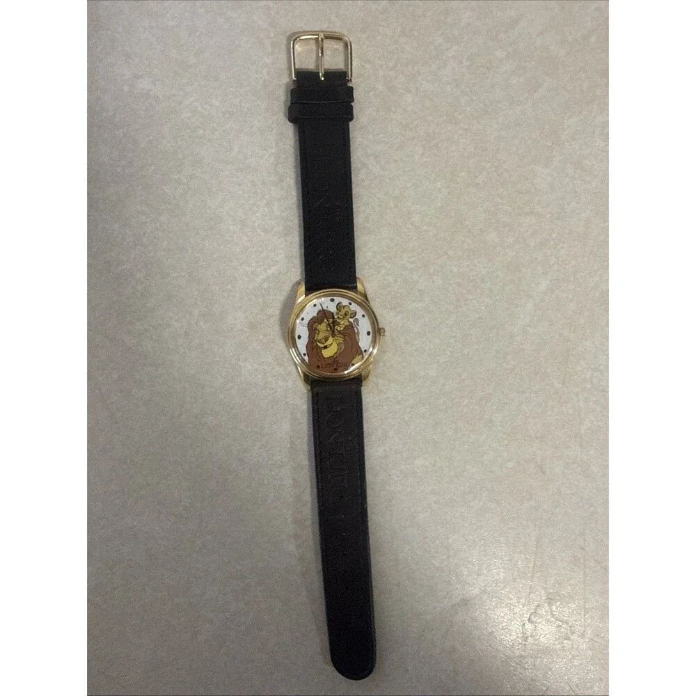 Vintage Disney Lion King Watch Simba & Mufasa Black Leather Band Needs A Battery